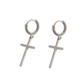 Elegant 925 sterling silver hoop earrings with hanging cross charm in polished silver finish - Minimalist Polished Cross (3004) - Pair / Platinum Silver (#30)