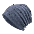 Gorro slouchy gris azulado para mujer con adornos de perlas y pedrería brillante - M (56-58cm) / Azul