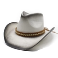White wide brim western cowboy straw hat with grey spray paint and brown braided band - M (56-58cm) / Black and White (Grey Gradient)