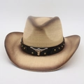 Western cowboy straw hat with gradient brown finish and metallic bull head leather band - Beige Coffee (Black Bull Decor)