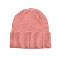 Detail shot of dusty pink ribbed knit beanie featuring thick texture and cuff design - Pink