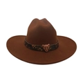 Brown wool felt cowboy hat featuring leopard print band and metal leopard head emblem - One Size / Coffee