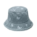 Close-up of light blue lamb wool bucket hat with white butterfly embroidery detail - Gray