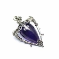 Gothic silver pendant with teardrop purple crystal featuring sword and wing details - Amethyst