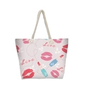Detail of pink canvas tote bag with cotton rope handles and lipstick heart patterns - Pink Lipstick Floral Style (jiayingstb27)