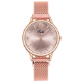 Close-up of rose gold mesh strap watch with pink sunray dial and Roman numerals - Pink