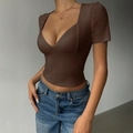 Women's Y2K V-neck short sleeve crop top in brown paired with casual blue jeans - S / Brown
