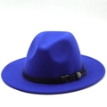 Close-up of royal blue wool fedora featuring a black leather band and silver floral buckle - M (56-58cm) / Sapphire Blue