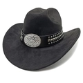 Black suede western cowboy hat with rhinestone buckle and punk metal studs decoration - M (56-58cm) / Black