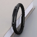 Men's matte black woven leather bracelet with dual steel wire inlay metal buckle - Wire Rope Style Black (KB163605-KFC)