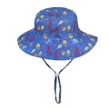 Detail of blue kids sun hat featuring marine animal prints and adjustable chin strap - Squid