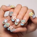 Uñas postizas francesas a rayas azules y blancas con estrellas 3D y lazos dulces - JP2798