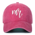Close-up of pink washed cotton baseball cap featuring white Mr. embroidered cursive text - Rose Red Mr.