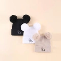 Three kids' pom-pom beanies in black, white and beige with cute dinosaur embroidery - Three-Piece Set / Black+Beige+White