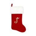 Large red Christmas stocking with white faux fur trim and gold embroidered letter J - Letter J