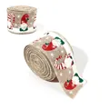 Ruban de Noël en jute avec motif gnomes et flocons blancs, largeur 4.8cm longueur 2m - Gnome Chanvre Naturel/2m