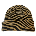 Winter knitted beanie featuring a yellow and black zebra animal pattern with cuff - Tiger Stripes - Khaki & Brown