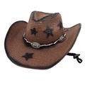 Chapeau de cowboy marron en paille avec motifs étoiles noires et bande décorative argentée - café