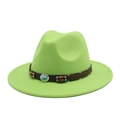 Detail of lime green felt fedora hat with turquoise bead and wooden bead trim band - M (56-58cm) / Fruit Green