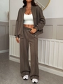 Women's two-piece casual lounge set with brown zip-up jacket and wide-leg knit trousers - S / Brown