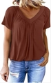 Detailed view of the deep V-neckline and gathered pleat details on this rusty brown T-shirt - S / Dark Brown