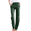 Detail of dark green cotton linen trousers with adjustable drawstring and side pockets - S / Olive Green