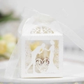 White laser-cut wedding favor box with romantic silhouette, ribbon, and thank you text - Ivory