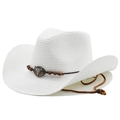 White woven cowboy hat with bull skull charm, brown beads and adjustable chin strap - Pure White