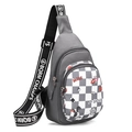Kids grey sling bag with checkered pocket and space cartoon prints on white background - Rabbit Grey and White Plaid