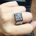 Silver ring with a large square-cut moissanite stone and side diamond accents - Men's [3 Carat] Ljz-35 / Adjustable Open