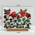 Desktop floral acrylic stand with wood base and red rose stained glass style art - Style BTU427 With Large Wood Base