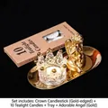 Europäisches Glas-Kronen-Kerzenhalter-Set mit goldenem Tablett und Engel-Statue - Goldrand Kronenhalter + Süßer Engel (Gold) Set