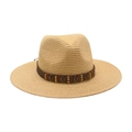 Chapeau de paille kaki clair avec ruban bohème en cuir, rivets dorés et bord de soleil - Taille unique / Chapeau de Paille Beige (Bande en Cuir Café)