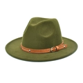 Classic dark green wool fedora hat with brown leather belt buckle for men and women - M (56-58cm) / Army Green