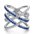 X-shaped silver ring with blue gemstones and white diamonds in a layered design - Tl-437