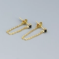 S925 sterling silver gold plated chain earrings with round black zircon stones - Gold (Black Stone)