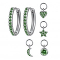 S925 silver hoop earrings set with green zircon heart moon star and cross charms - Green Zircon Silver