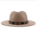 Close-up of woven straw Panama hat texture with black belt and silver eyelet detail - M (56-58cm) / Pink