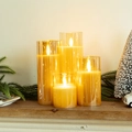 Set of 4 amber glass LED candles with flickering flames for Christmas decor - Gold Glass Candle Set of 4 / AAA Batteries Required (Not Included)