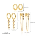 Detailed size chart for 18K gold earrings set with zircon studs and drop chains - Tassel Zircon Ear Clip 3 Pairs Set