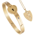 Minimalist gold interlocking heart lock and key jewelry set with inlaid stones - No Diamond Heart Pendant / Gold