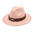 Detail of pink wool fedora hat with braided leather band and turquoise stone accent - M (56-58cm) / Dusty Pink
