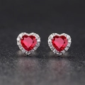 S925 silver stud earrings featuring a heart-shaped red stone with a halo of white zircons - Red Diamond Heart-shaped Earrings Led-78