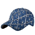 Cappellino da baseball in denim blu effetto strappato con strass e dettaglio leopardato - Azzurro