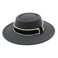 Close-up of dark grey wool felt fedora with elegant black ribbon and pearl trim details - Dark Gray