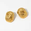 French vintage oval gold plated striped button earrings in high polished stainless steel - Gold