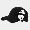 Detail of a black cotton baseball cap featuring a cute 3D plush panda doll on the side - Adjustable / Black