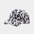 Detail of warm plush baseball cap featuring black and white faux fur leopard print texture - Grey and White Leopard Print