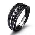Men's multilayer braided leather bracelet with silver stainless steel magnetic clasp - Silver