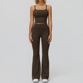 Set yoga marrone scuro in due pezzi con top corto a canotta e pantaloni svasati a vita alta - Taglia S / Canotta+Pantaloni a Zampa-Caffè Scuro